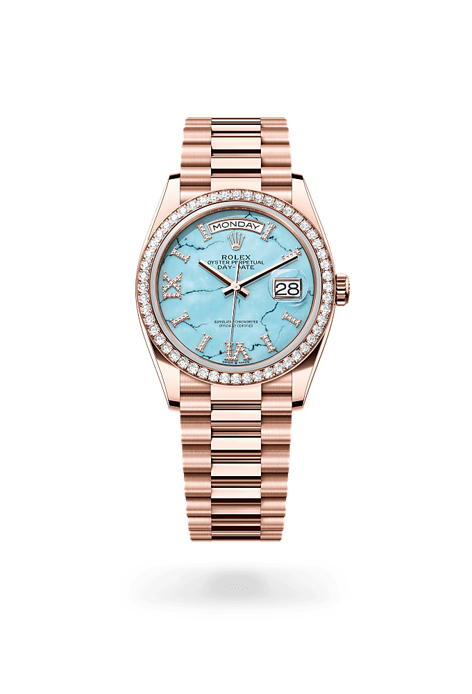 Day-Date 36, Oyster, 36 mm, Everose gold and diamonds, Dial : Turquoise set with diamonds, Rolex