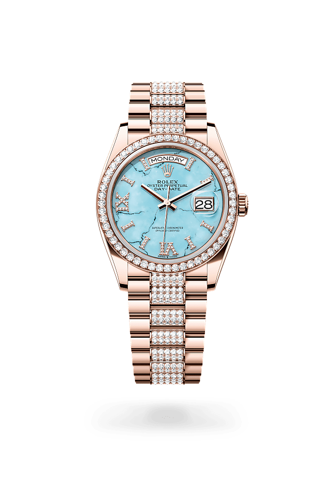Day-Date 36, Oyster, 36 mm, Everose gold and diamonds, Dial : Turquoise set with diamonds, Rolex