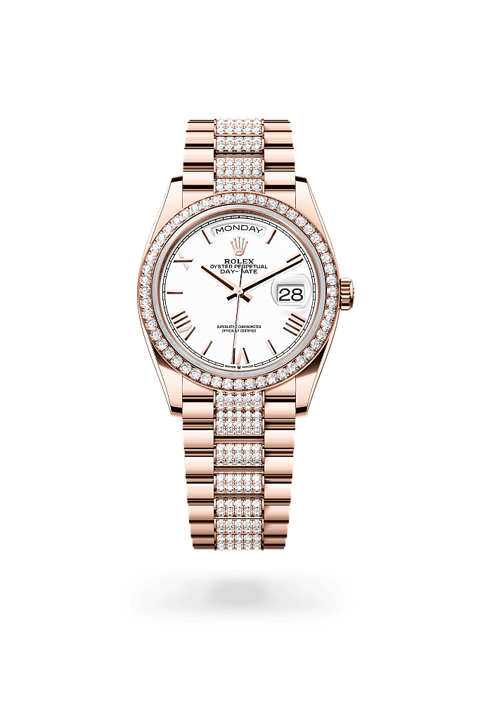 Day-Date 36, Oyster, 36 mm, Everose gold and diamonds, Dial : White, Rolex