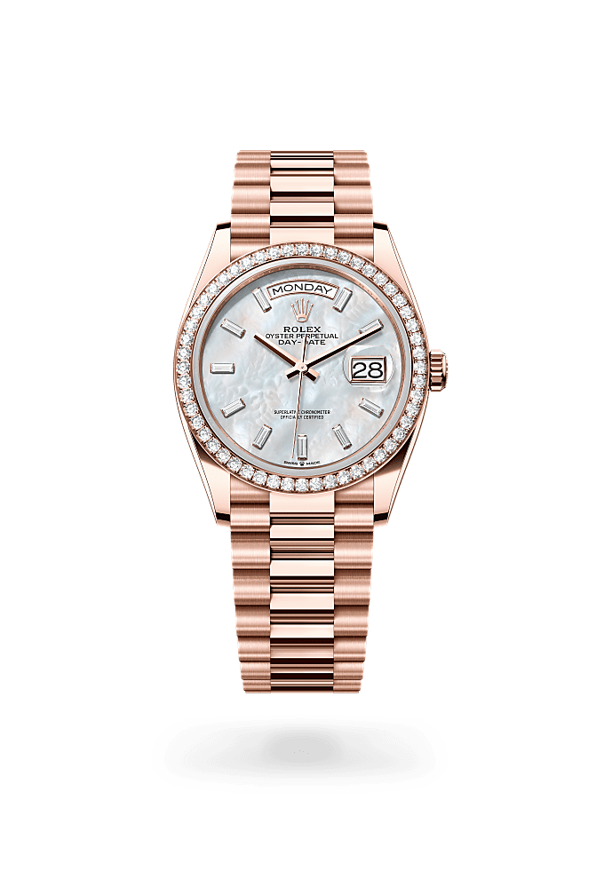 Day-Date 36, Oyster, 36 mm, Everose gold and diamonds, Dial : White mother-of-pearl set with diamonds, Rolex