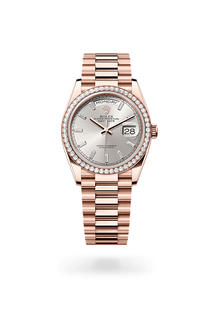 Day-Date 36, Oyster, 36 mm, Everose gold and diamonds, Dial : Silver set with diamonds, Rolex