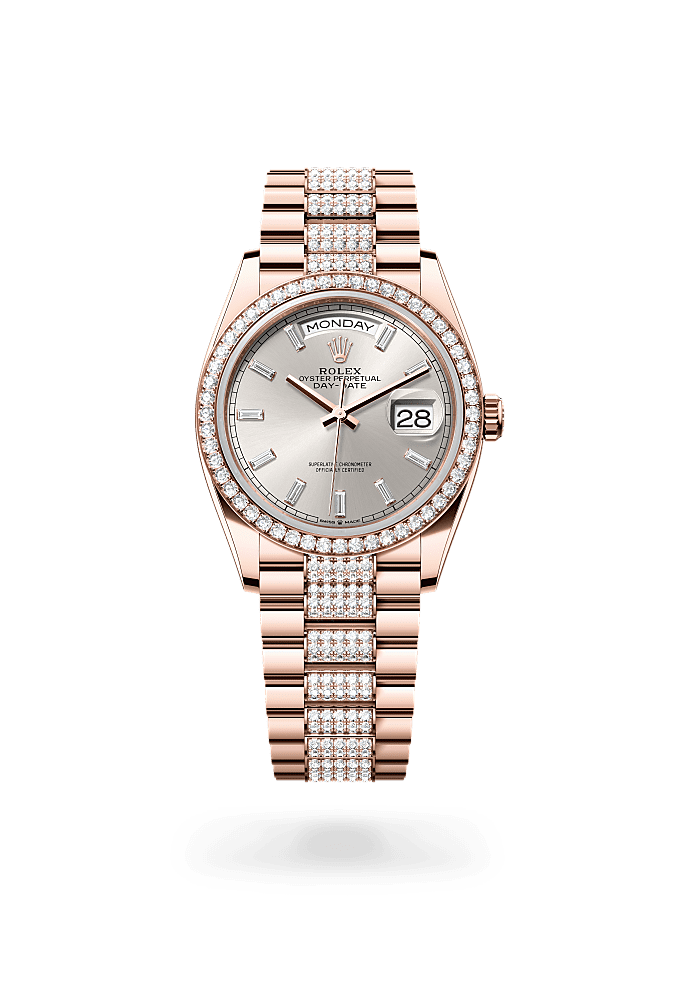 Day-Date 36, Oyster, 36 mm, emas Everose dan berlian, Permukaan : Perak dipasangkan dengan berlian, Rolex