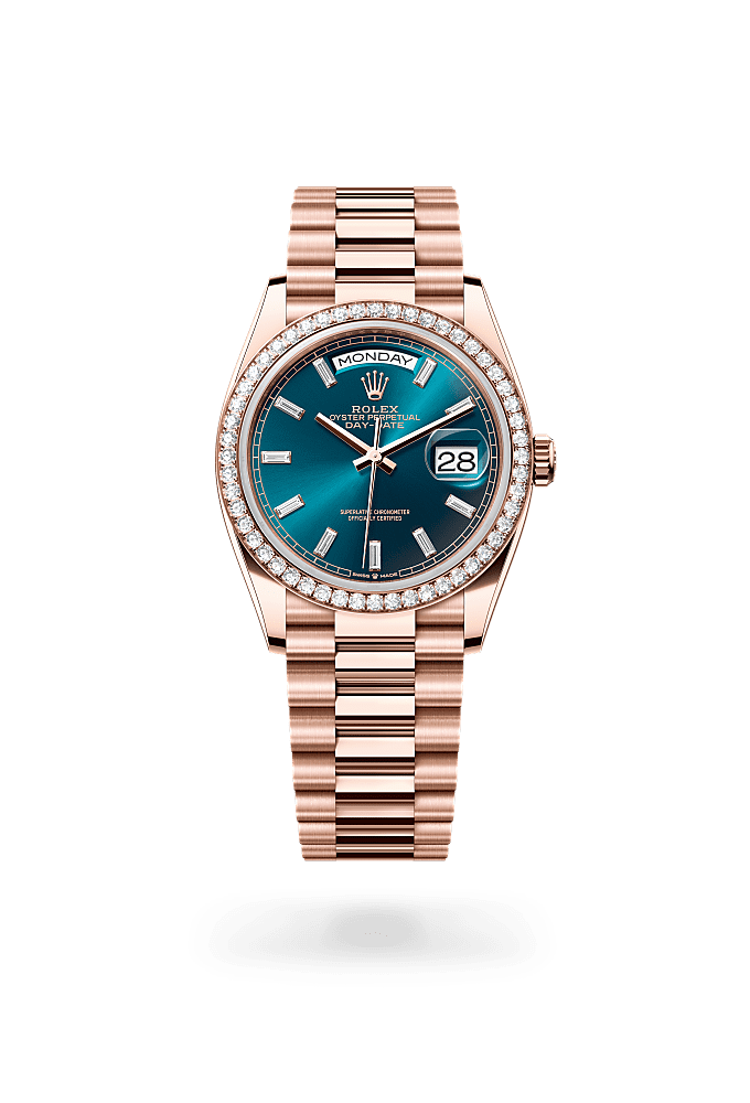 Day-Date 36, Oyster, 36 mm, Everose gold and diamonds, Dial : Blue-green set with diamonds, Rolex