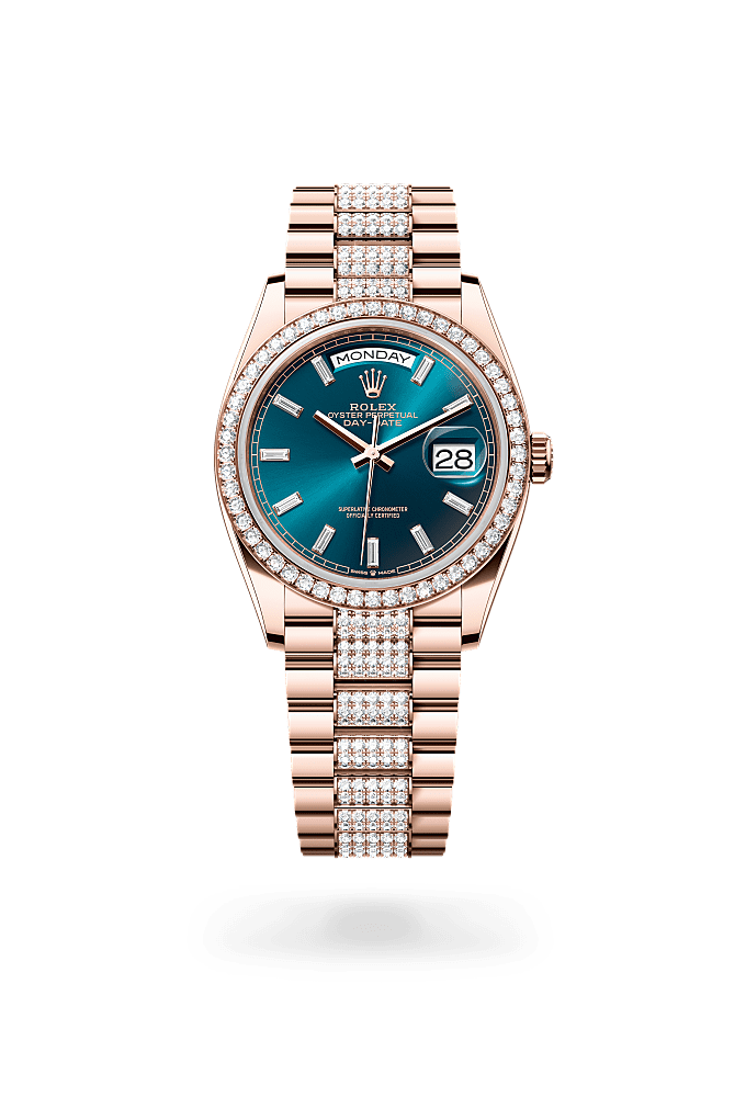 Day-Date 36, Oyster, 36 mm, Everose gold and diamonds, Dial : Blue-green set with diamonds, Rolex