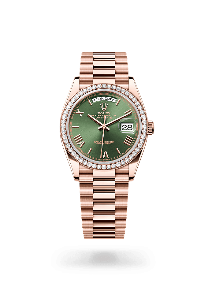 Day-Date 36, Oyster, 36 mm, vàng Everose và kim cương, Mặt đồng hồ : Oliu xanh, Rolex