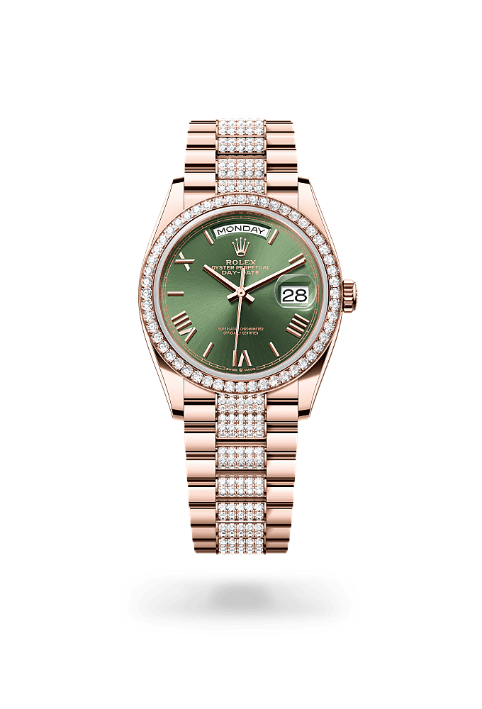 Day-Date 36, Oyster, 36 mm, Everose gold and diamonds, Dial : Olive green, Rolex