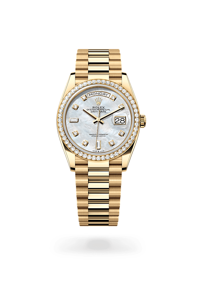 Day-Date 36, Oyster, 36 mm, yellow gold and diamonds, Dial : White mother-of-pearl set with diamonds, Rolex