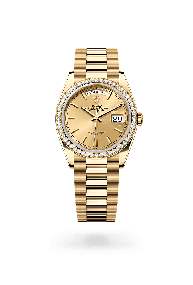 Day-Date 36, Oyster, 36 mm, yellow gold and diamonds, Dial : Champagne-colour, Rolex