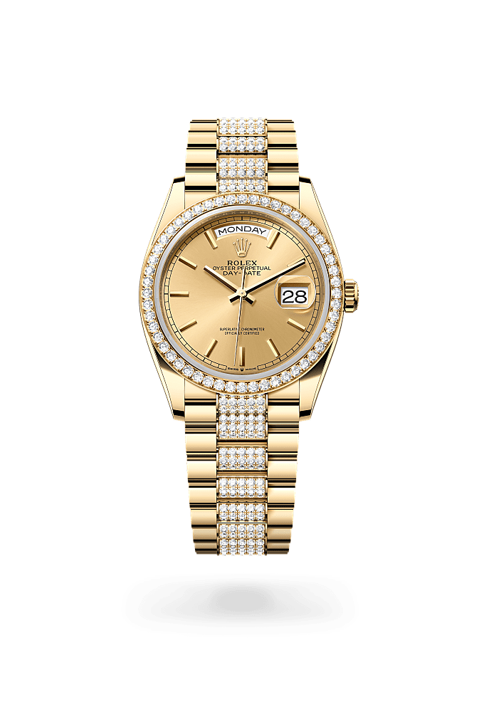 Day-Date 36, Oyster, 36 mm, yellow gold and diamonds, Dial : Champagne-colour, Rolex