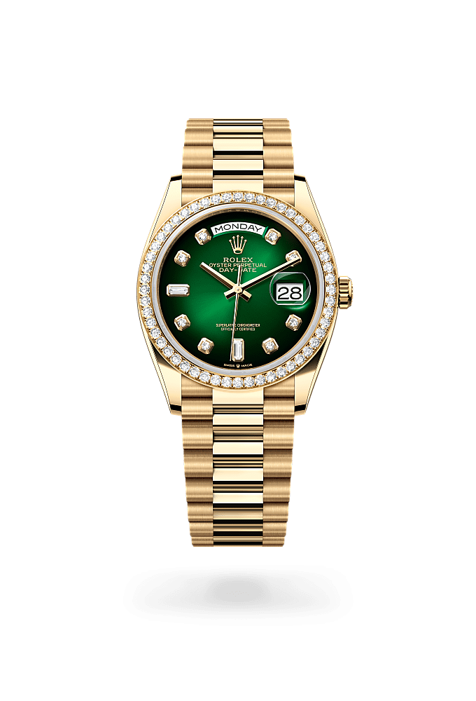 Day-Date 36, Oyster, 36 mm, emas kuning dan berlian, Permukaan : Ombre hijau dipasangkan dengan berlian, Rolex
