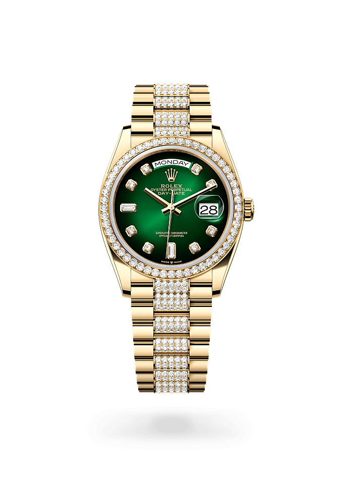 Day-Date 36, Oyster, 36 mm, yellow gold and diamonds, Dial : Green ombré set with diamonds, Rolex