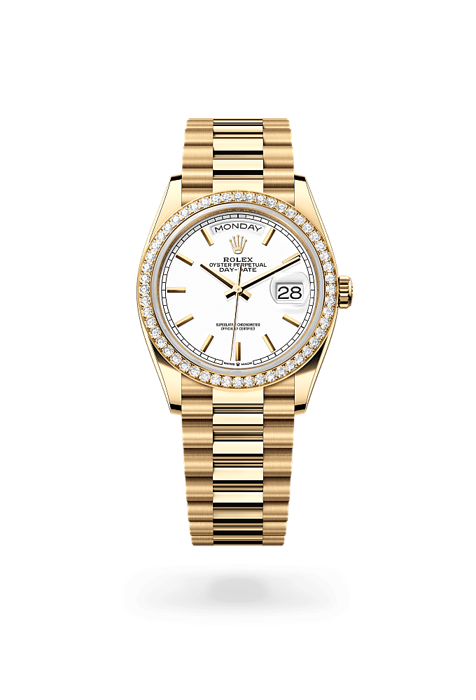 Day-Date 36, Oyster, 36 mm, yellow gold and diamonds, Dial : White, Rolex
