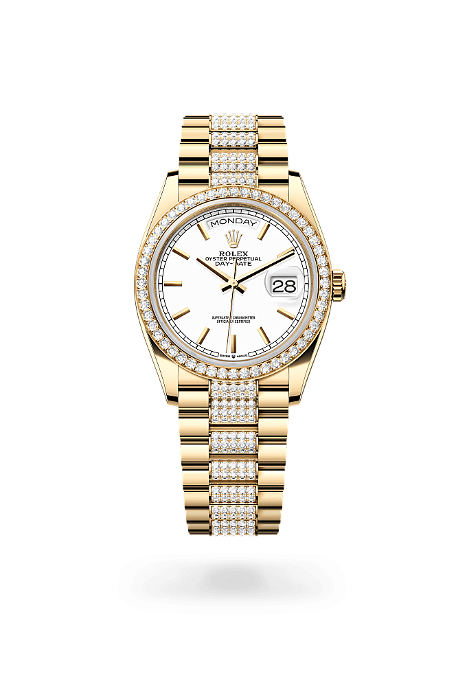 Day-Date 36, Oyster, 36 mm, yellow gold and diamonds, Dial : White, Rolex