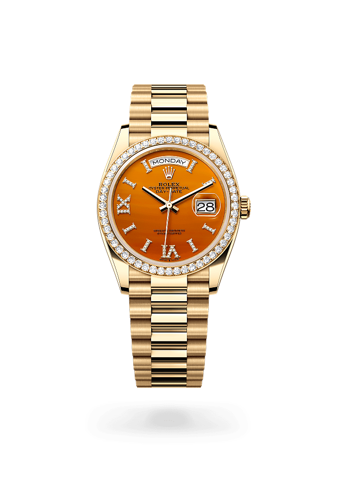 Day-Date 36, Oyster, 36 mm, emas kuning dan berlian, Permukaan : Karnelian bertatahkan permata, Rolex