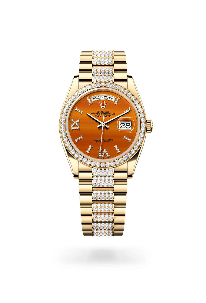 Day-Date 36, Oyster, 36 mm, yellow gold and diamonds, Dial : Carnelian set with diamonds, Rolex