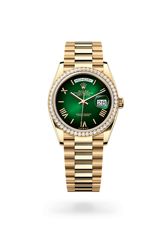 Day-Date 36, Oyster, 36 mm, yellow gold and diamonds, Dial : Green ombré, Rolex