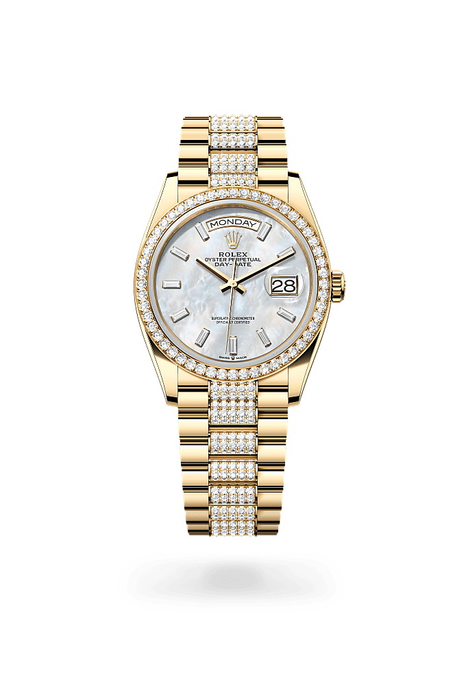 Day-Date 36, Oyster, 36 mm, yellow gold and diamonds, Dial : White mother-of-pearl set with diamonds, Rolex