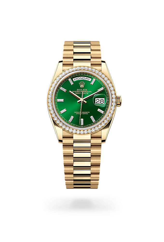 Day-Date 36, Oyster, 36 mm, yellow gold and diamonds, Dial : Bright green set with diamonds, Rolex