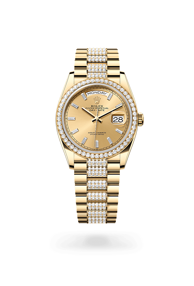 星期日历型 36, 蚝式，36毫米，钻石及黄金, 表盘 : 香槟色，镶钻石, Rolex