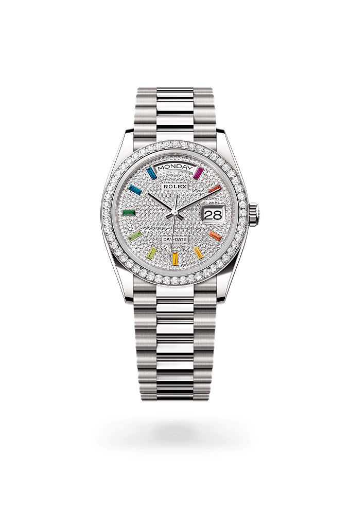 星期日历型 36, 蚝式，36毫米，钻石及白色黄金, 表盘 : 密镶钻石, Rolex
