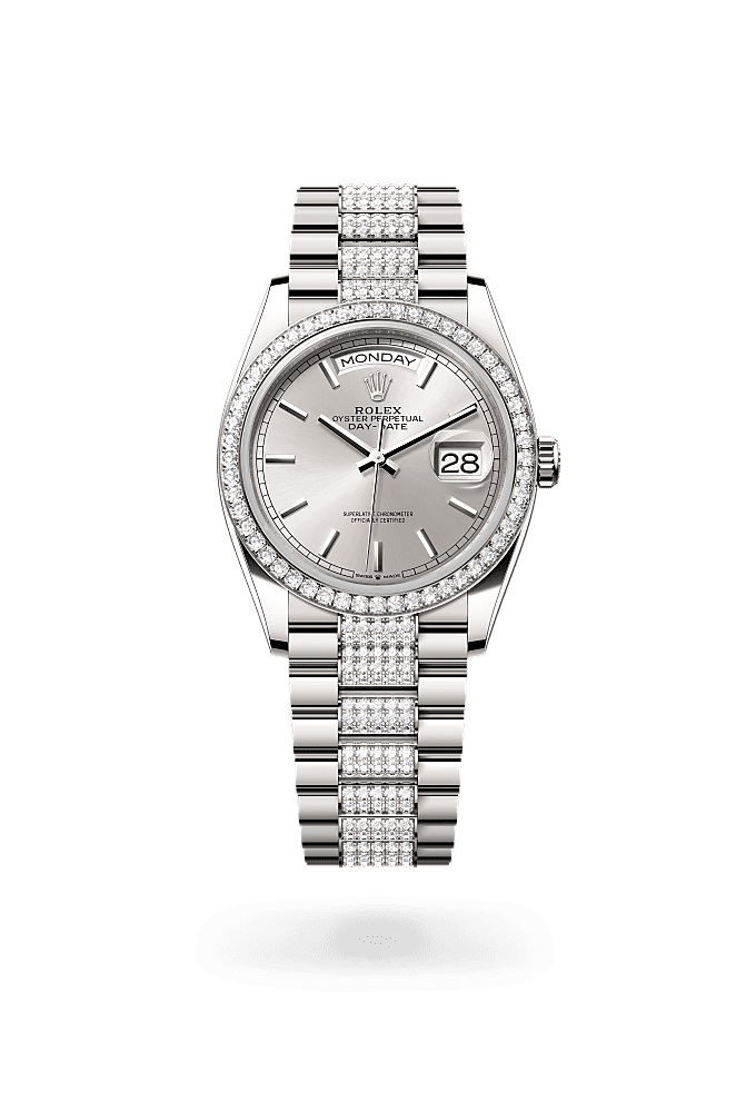 Day-Date 36, Oyster, 36 mm, white gold and diamonds, Dial : Silver, Rolex