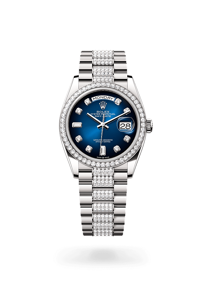 Day-Date 36, Oyster, 36 mm, white gold and diamonds, Dial : Blue ombré set with diamonds, Rolex