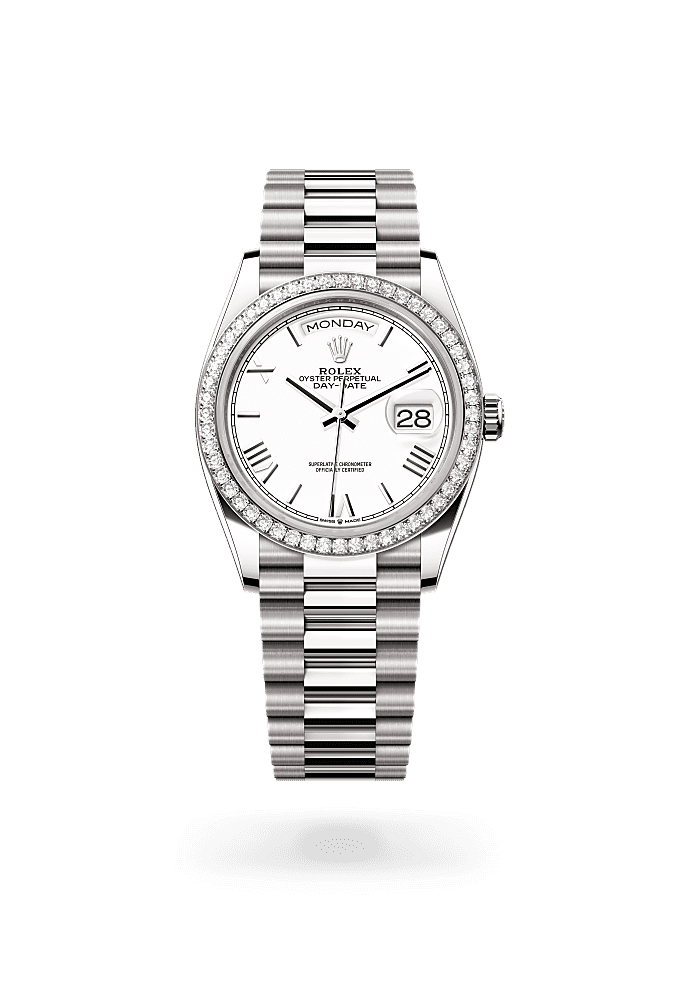 Day-Date 36, Oyster, 36 mm, white gold and diamonds, Dial : White, Rolex