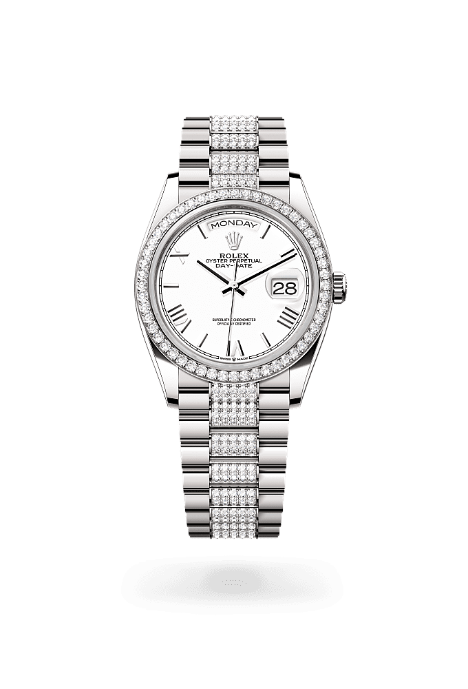 Day-Date 36, Oyster, 36 mm, emas putih dan berlian, Permukaan : Putih, Rolex