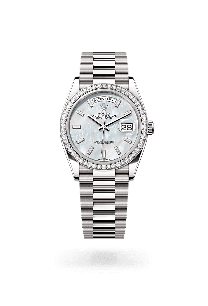 Day-Date 36, Oyster, 36 mm, white gold and diamonds, Dial : White mother-of-pearl set with diamonds, Rolex