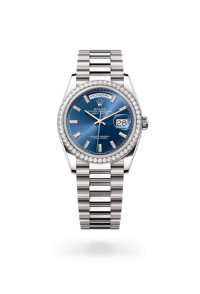 Day-Date 36, Oyster, 36 mm, white gold and diamonds, Dial : Bright blue set with diamonds, Rolex