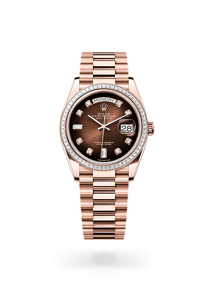 Day-Date 36, Oyster, 36 mm, Everose gold and diamonds, Dial : Brown ombré set with diamonds, Rolex