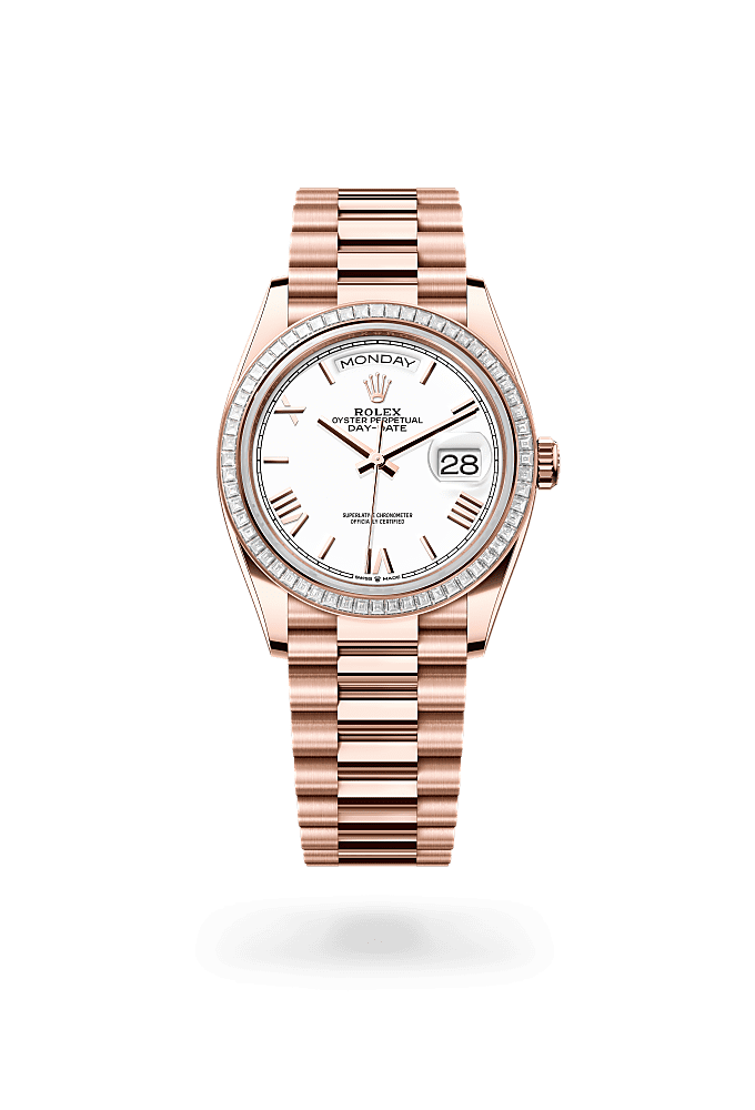 Day-Date 36, Oyster, 36 mm, Everose gold and diamonds, Dial : White, Rolex