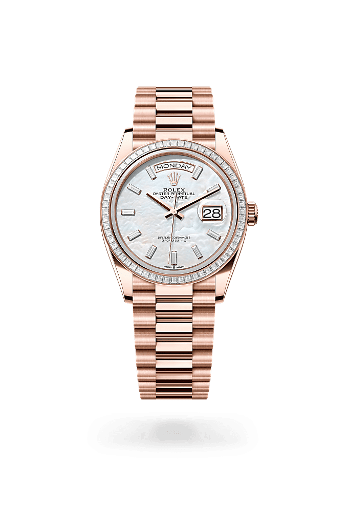 Day-Date 36, Oyster, 36 mm, emas Everose dan berlian, Permukaan : Indung mutiara putih bertatahkan berlian, Rolex