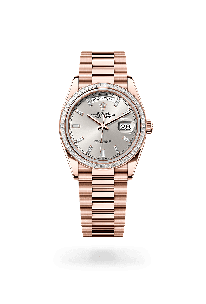 Day-Date 36, Oyster, 36 mm, Everose gold and diamonds, Dial : Silver set with diamonds, Rolex
