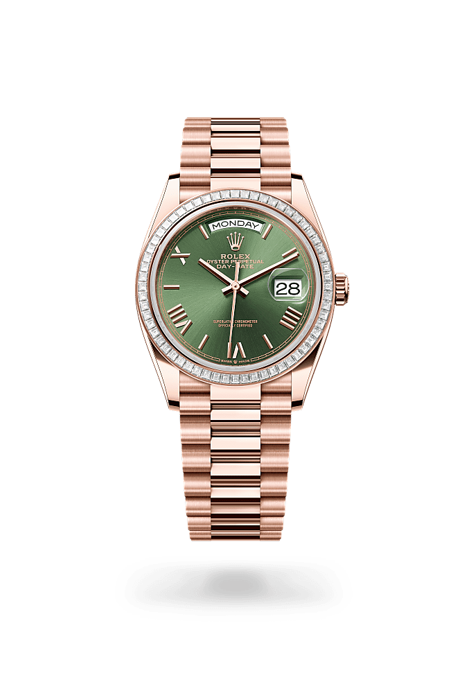 Day-Date 36, Oyster, 36 mm, vàng Everose và kim cương, Mặt đồng hồ : Oliu xanh, Rolex