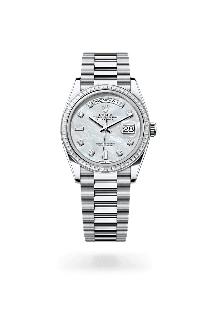 Day-Date 36, Oyster, 36 mm, platinum dan berlian, Permukaan : Mutiara tempurung putih bertatahkan berlian, Rolex