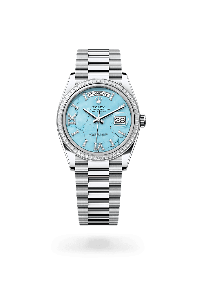Day-Date 36, Oyster, 36 mm, platino e diamanti, Quadrante : In turchese con diamanti, Rolex