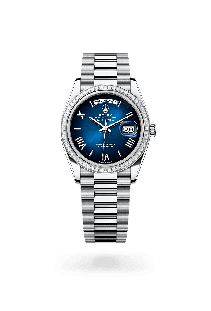 Day-Date 36, Oyster, 36 mm, platino e diamanti, Quadrante : Blu <i>ombré</i>, Rolex