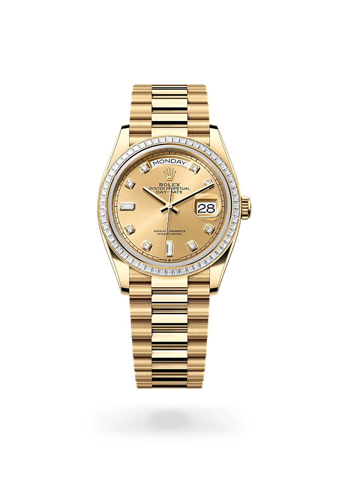 Day-Date 36, Oyster, 36 mm, emas kuning dan berlian, Permukaan : Warna Champagne bertatahkan berlian, Rolex