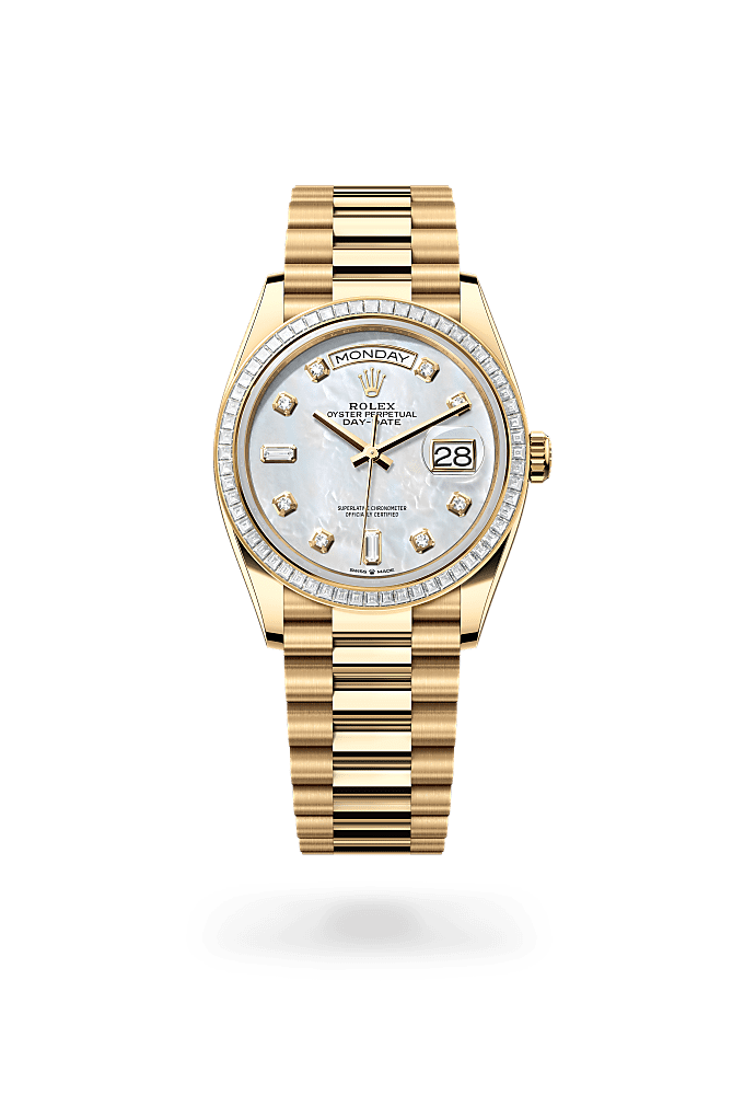 Day-Date 36, Oyster, 36 mm, yellow gold and diamonds, Dial : White mother-of-pearl set with diamonds, Rolex