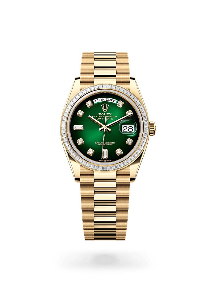 Day-Date 36, Oyster, 36 mm, yellow gold and diamonds, Dial : Green ombré set with diamonds, Rolex