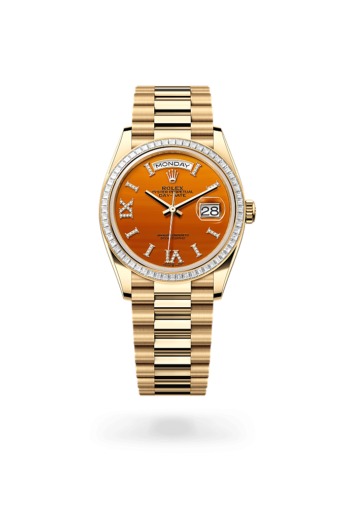 Day-Date 36, Oyster, 36 mm, yellow gold and diamonds, Dial : Carnelian set with diamonds, Rolex