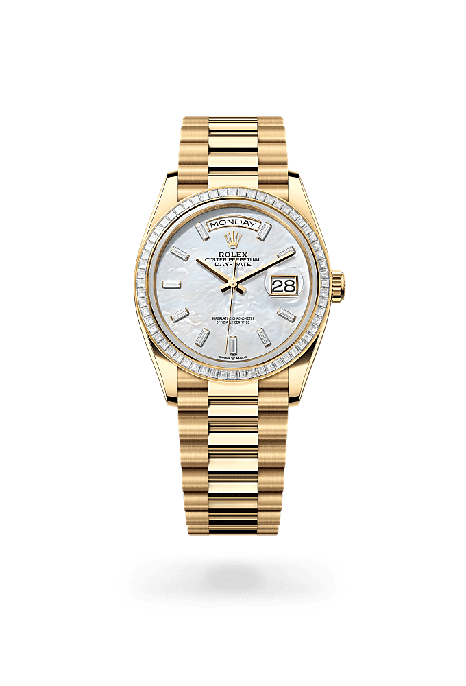 Day-Date 36, Oyster, 36 mm, yellow gold and diamonds, Dial : White mother-of-pearl set with diamonds, Rolex