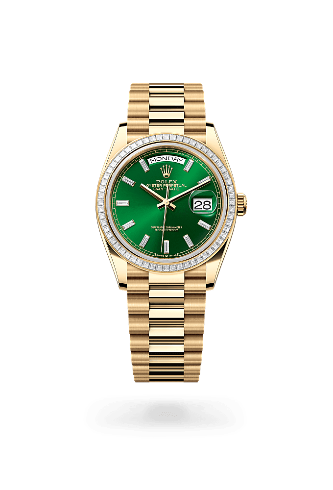 Day-Date 36, Oyster, 36 mm, yellow gold and diamonds, Dial : Bright green set with diamonds, Rolex