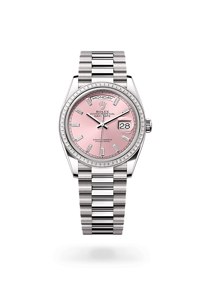 Day-Date 36, Oyster, 36 mm, emas putih dan berlian, Permukaan : Merah jambu bertatahkan berlian, Rolex