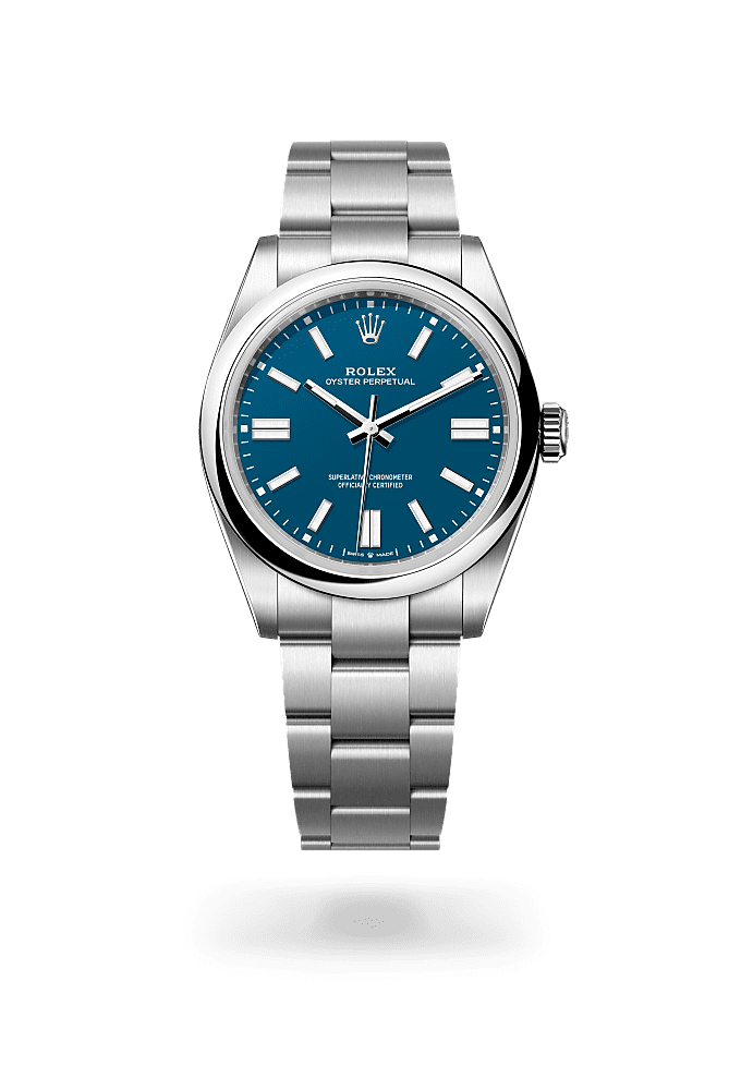 Oyster Perpetual 41, Oyster, 41 mm, Oystersteel, Dial : <i>Med blue</i>, Rolex