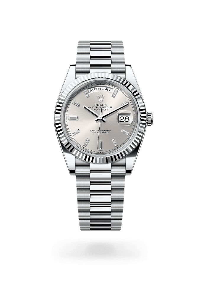 Day-Date 40, Oyster, 40 mm, platino, Quadrante : Argentato con diamanti, Rolex