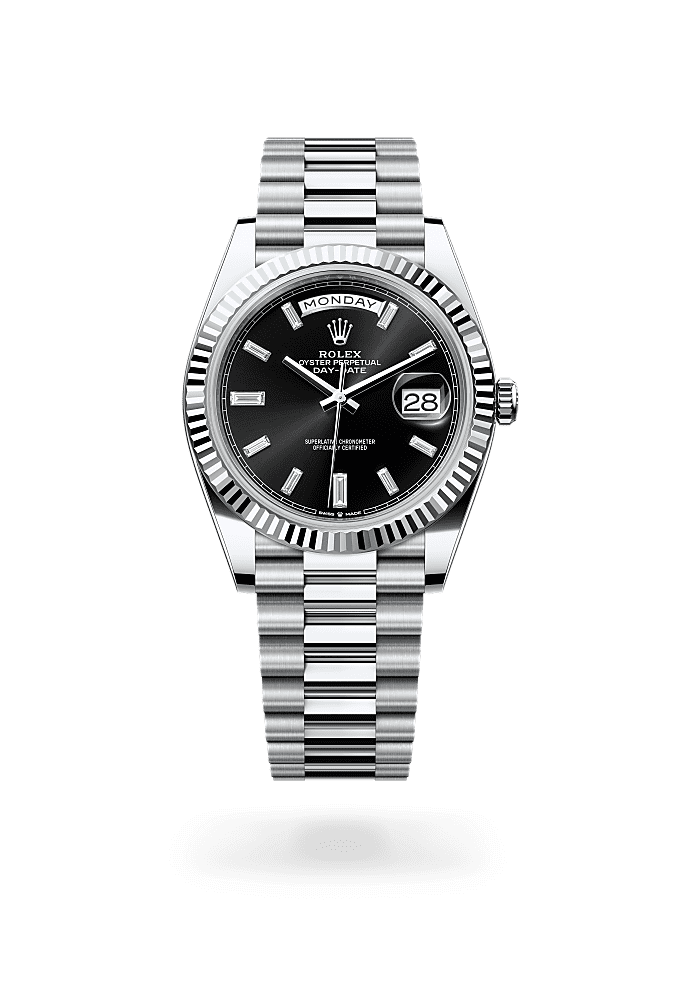 Day-Date 40, Oyster, 40 mm, platinum, Permukaan : Hitam terang dipasangkan dengan berlian, Rolex