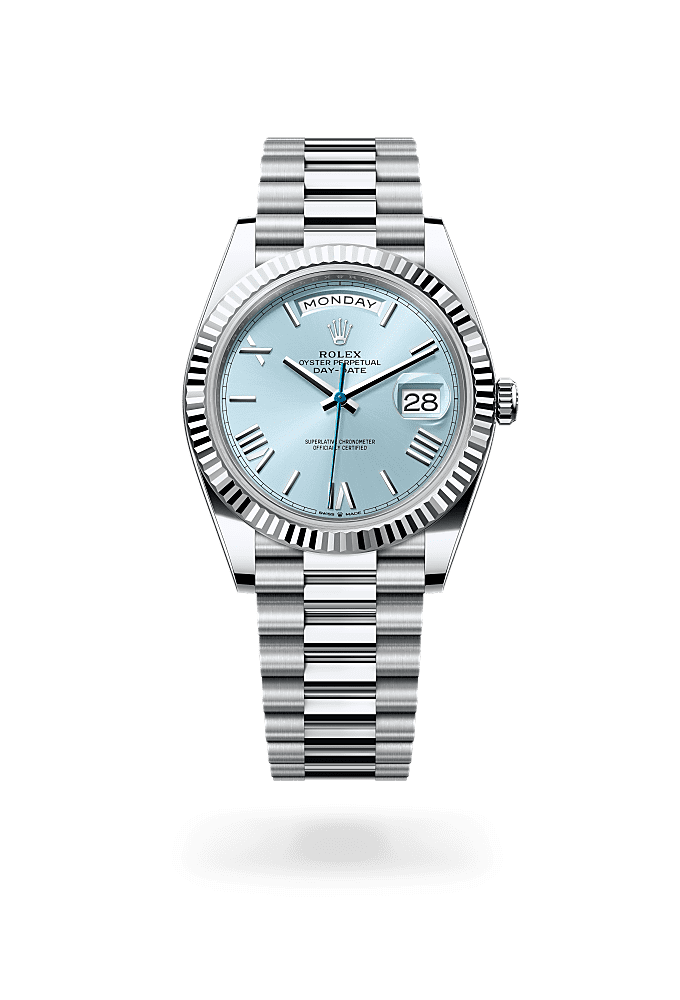 Day-Date 40, Oyster, 40 mm, platinum, Permukaan : Biru salji, Rolex