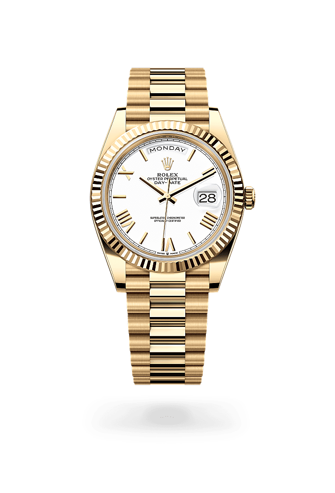 Day-Date 40, Oyster, 40 mm, emas kuning, Permukaan : Putih, Rolex